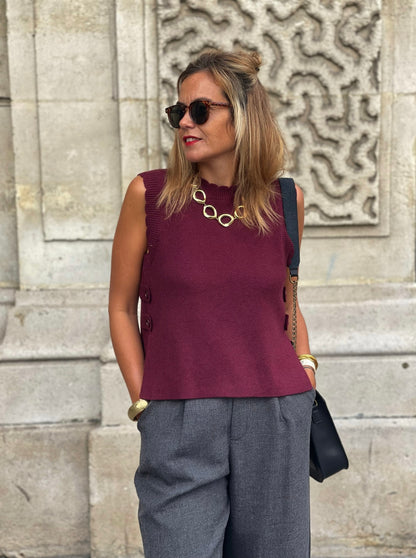 Pull Olmeto bordeaux sans manches MYLO — vue portée de face