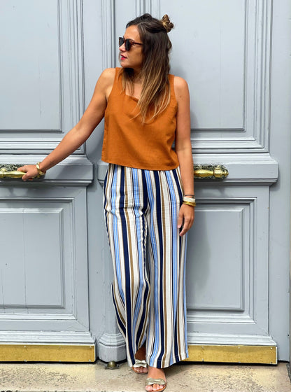 Pantalon Raphaëlle -  Pantalon large rayé bleu & beige